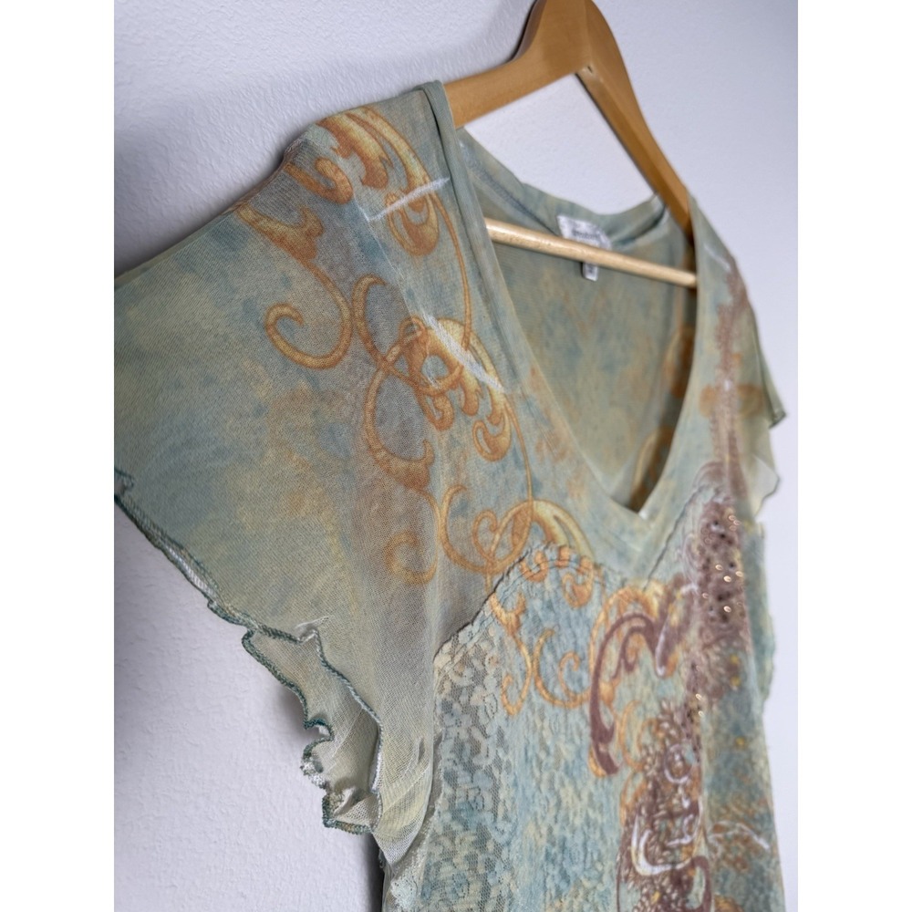 Short Sleeve Embellished Lace Top Womens XL Fairy Goblin Romantic Feminine Boho - Picture 5 of 11
